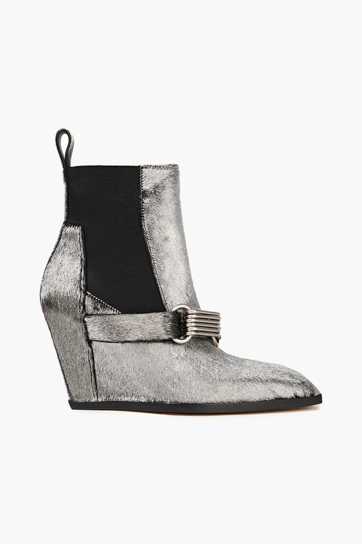 Metallic calf hair wedge ankle boots