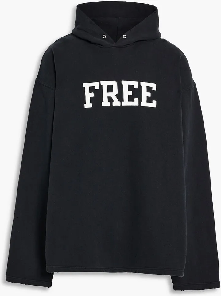Distressed appliquéd cotton-fleece hoodie