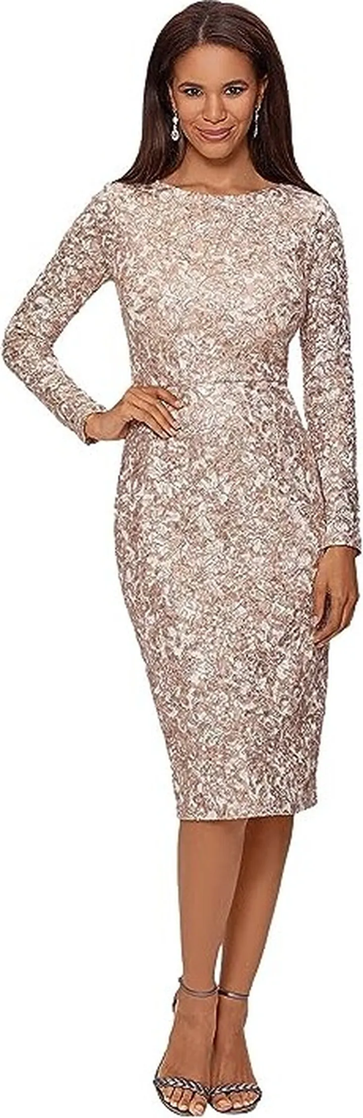 XSCAPE Midi Long Sleeve Lace with Sequins (Sand) Women's Dress