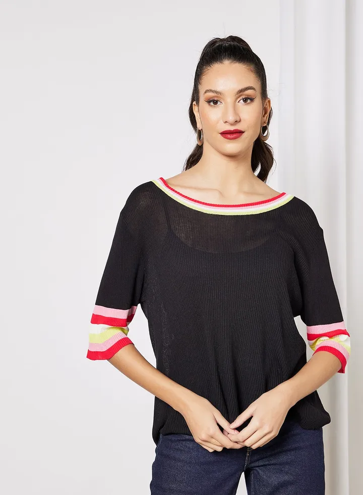 Stripe Trim Sweater Black