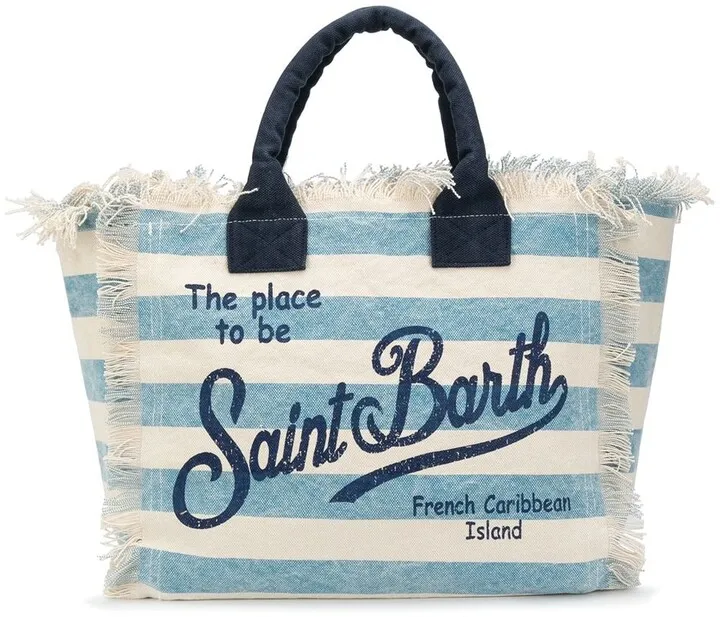 Striped Logo Print Beach Bag