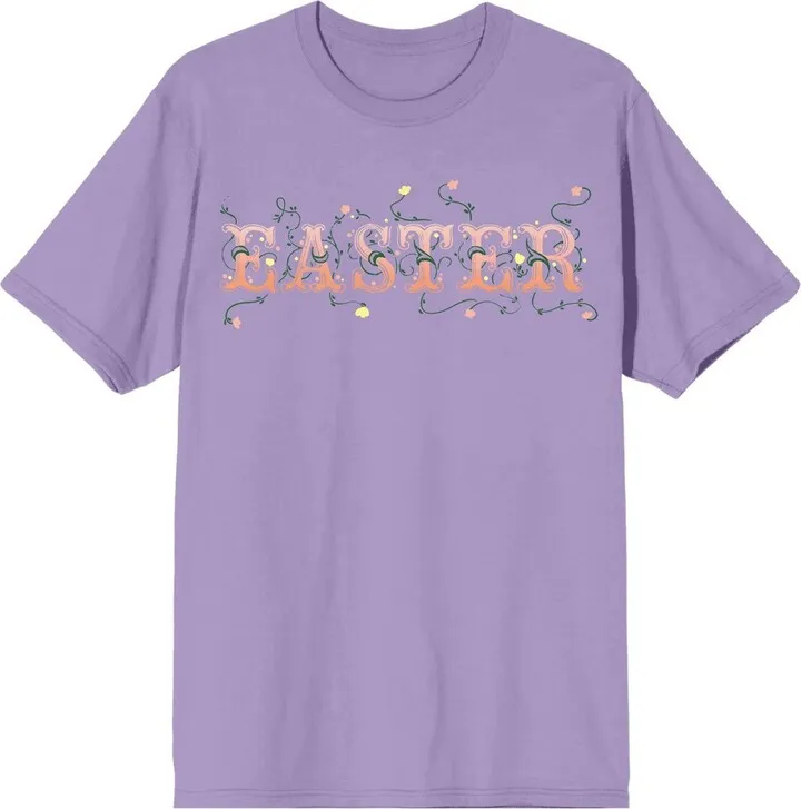 Soft Petal “Easter" Fairy Tale Font with Foliage Women’s Lavander Short Sleeve Crew Neck Tee-Large