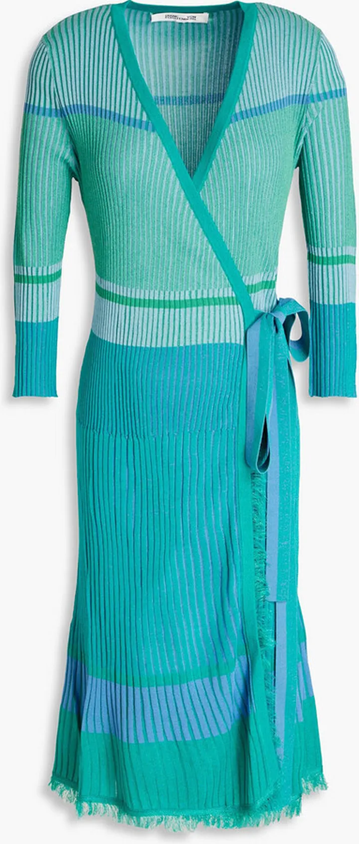 Lyric frayed striped ribbed-knit wrap dress