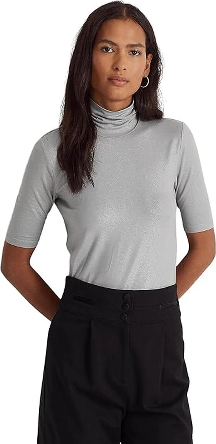 LAUREN Ralph Lauren Metallic Stretch Jersey Turtleneck (Pewter) Women's Clothing