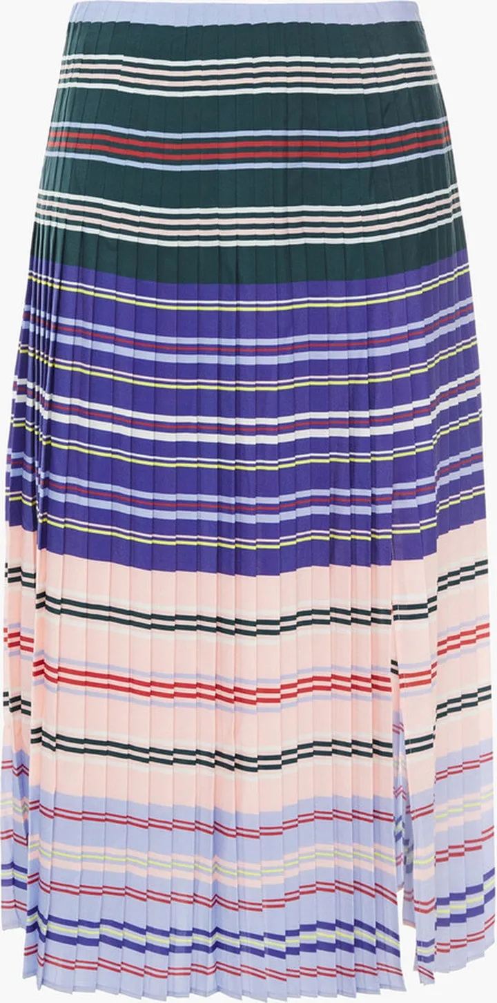 Pleated striped crepe de chine midi skirt
