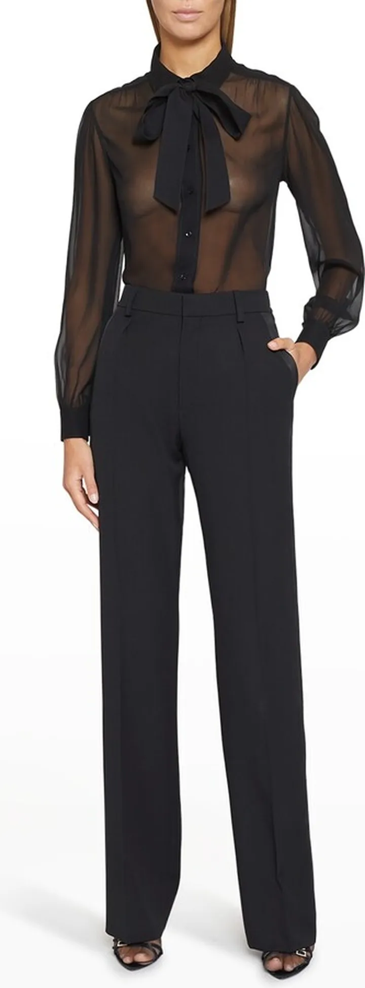 Bow Long-Sleeve Sheer Blouse
