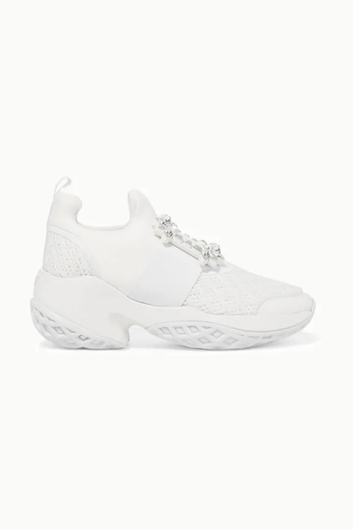 Roger Vivier - Viv Run Crystal-embellished Mesh And Leather Slip-on Sneakers - White