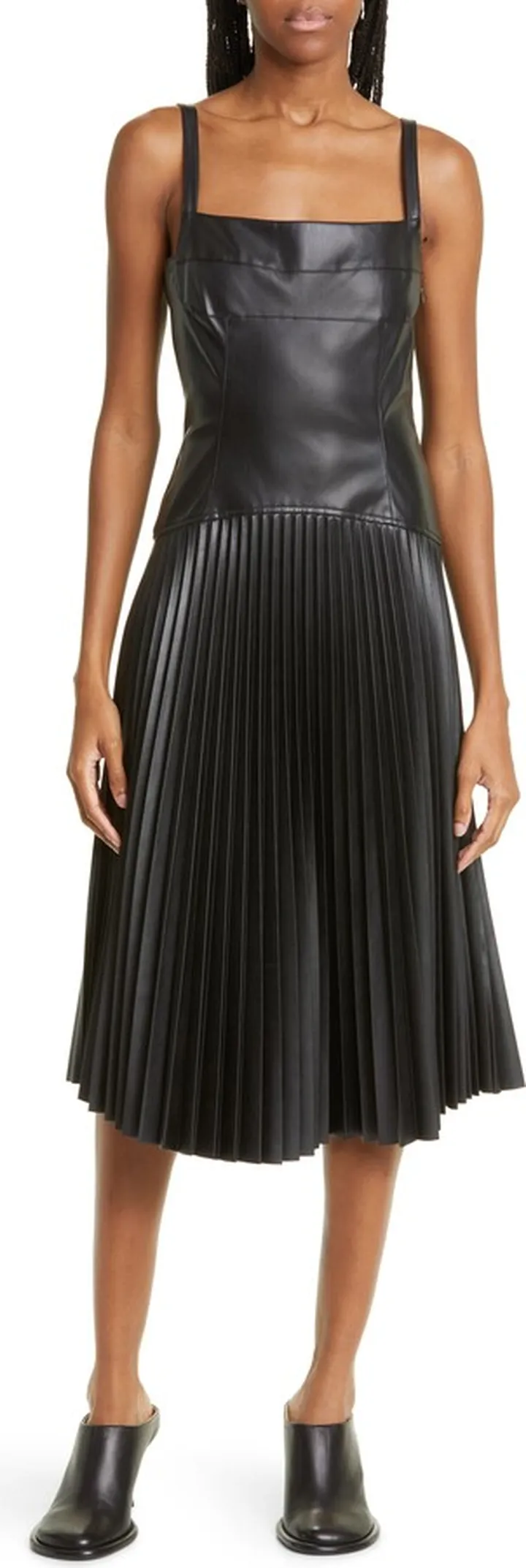 Drop Waist Pleated Faux Leather Midi Dress