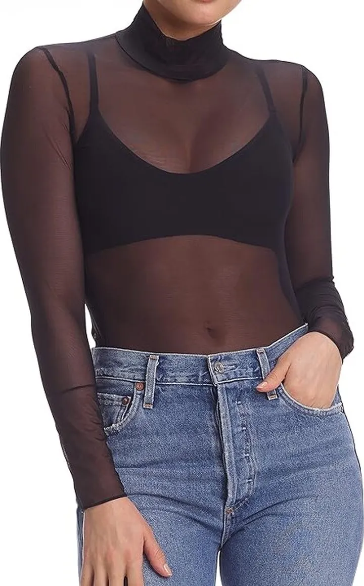 Commando Chic Mesh Long Sleeve Turtleneck TU116 (Black) Women's Clothing