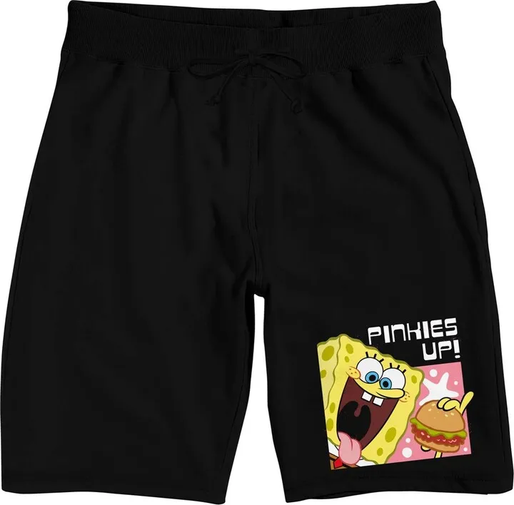 SpongeBob Squarepants “Pinkies Up” Men’s Black Graphic Sleep Shorts-Large