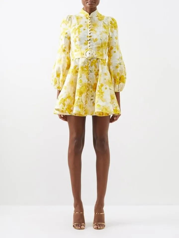 Wonderland Daffodil-print Belted Mini Dress