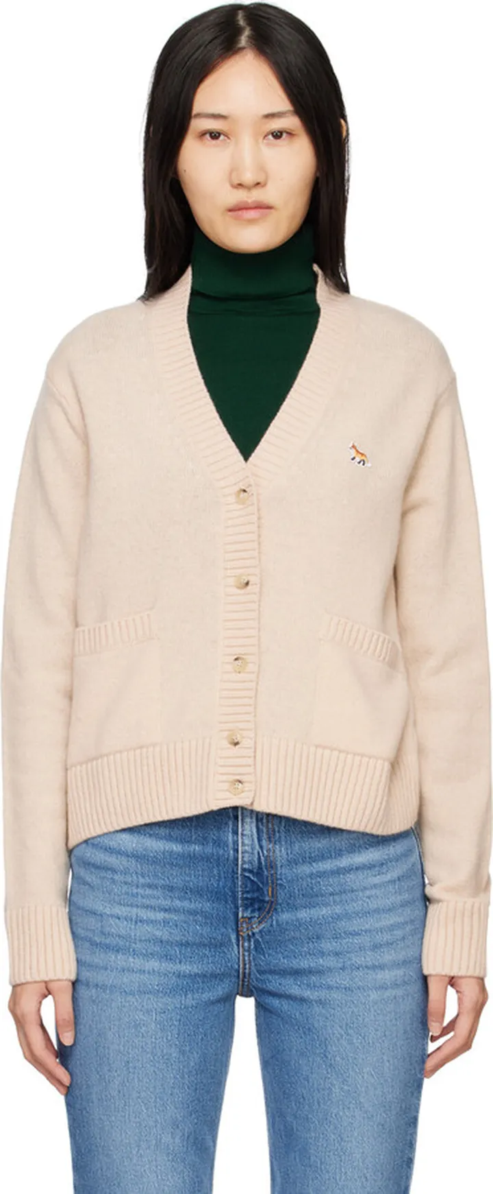 Maison Kitsuné Beige Baby Fox Patch Boxy Cardigan