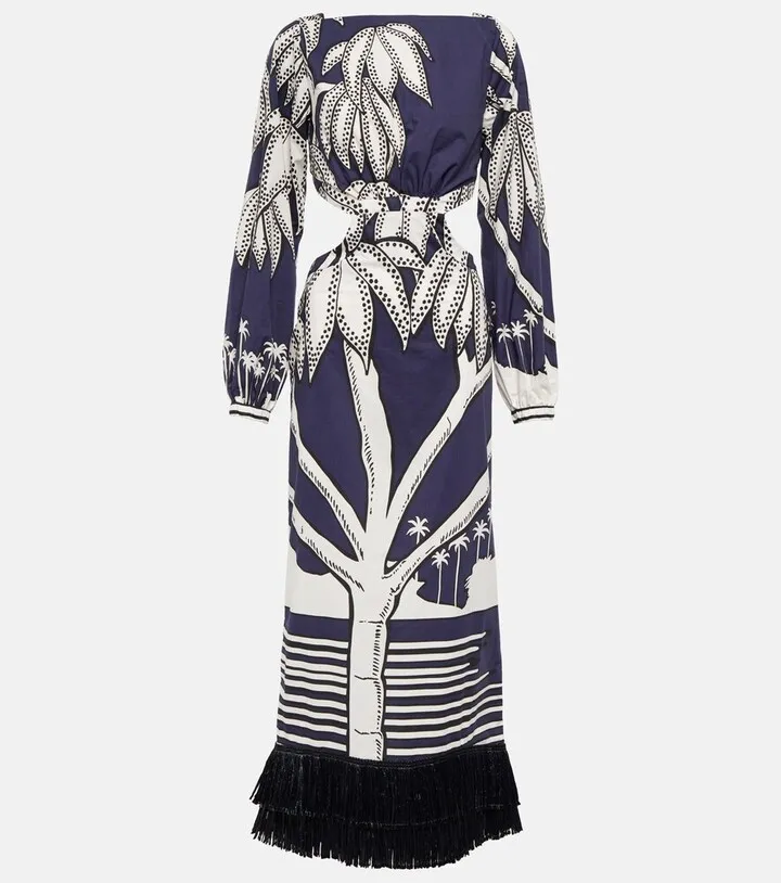 Printed fringe-trimmed cotton maxi dress