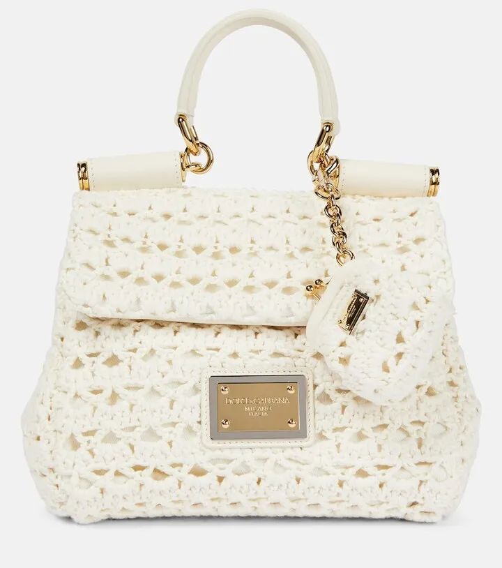 Sicily leather-trimmed crochet tote bag