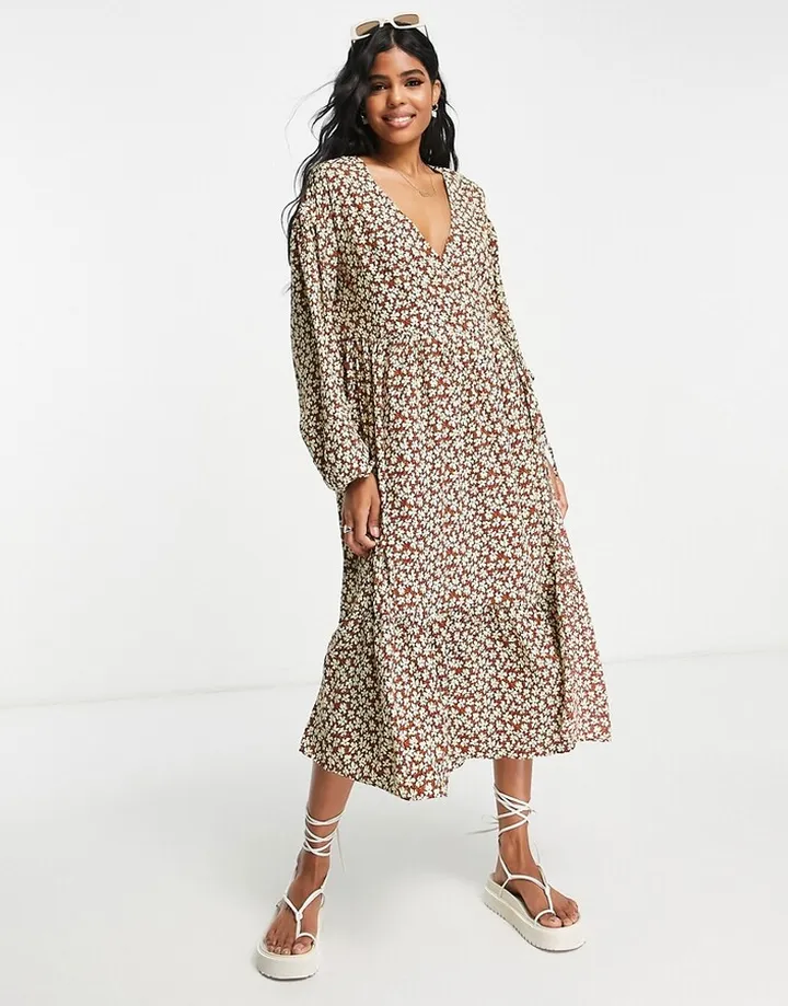Glamorous tiered midi smock dress in brown floral