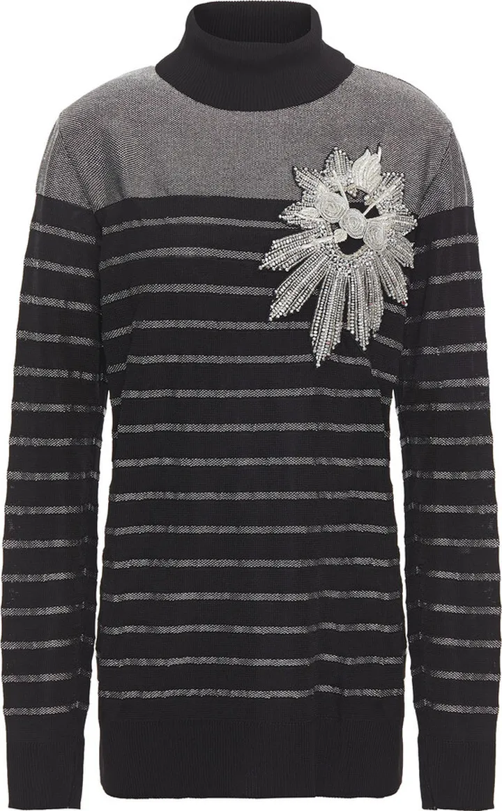 Embellished metallic striped stretch-knit turtleneck top