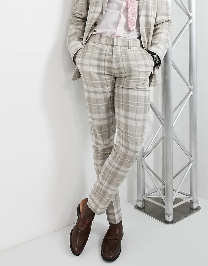 ASOS DESIGN skinny linen mix suit pants in stone check