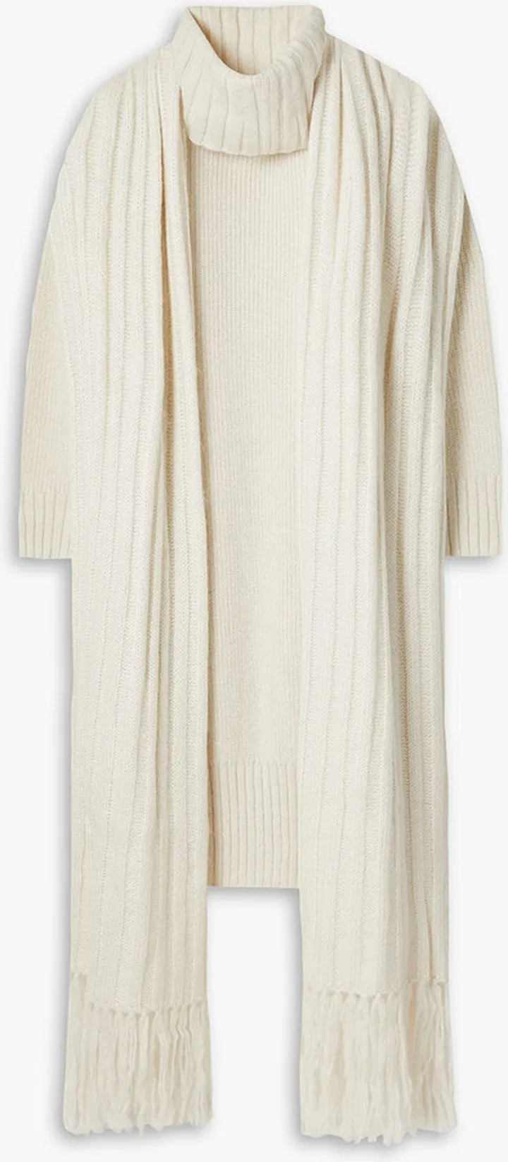 Oversized ribbed-knit turtleneck midi dress and scarf set