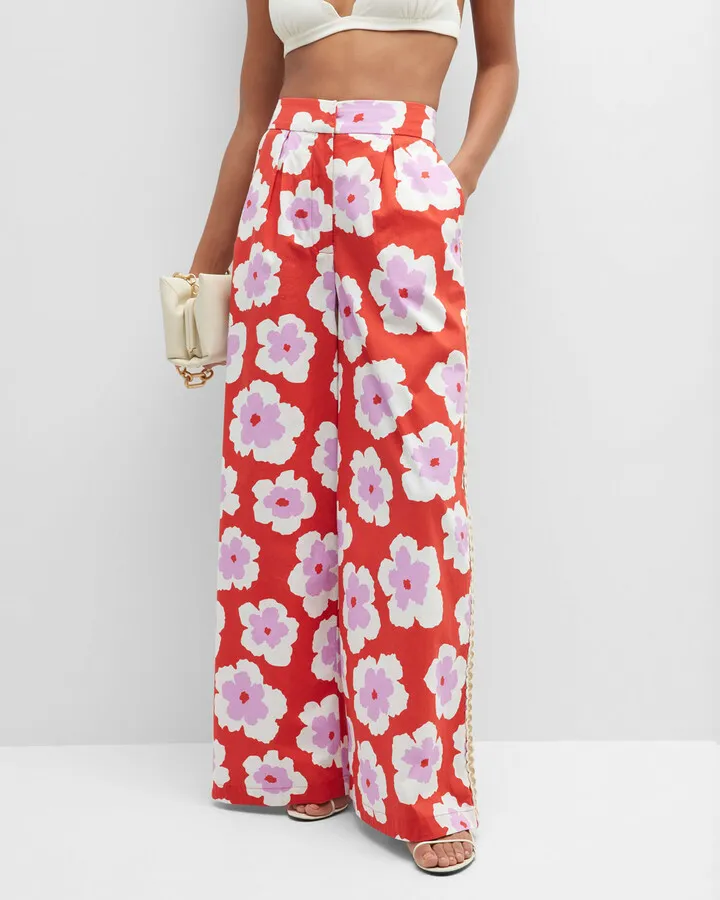 Windflower Jute-Trim Wide-Leg Pants