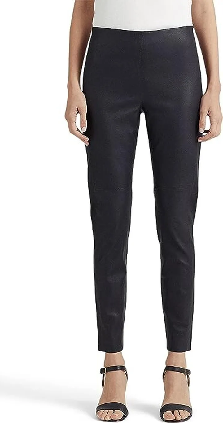 LAUREN Ralph Lauren Stretch Leather Skinny Ankle Pants (Navy) Women's Clothing