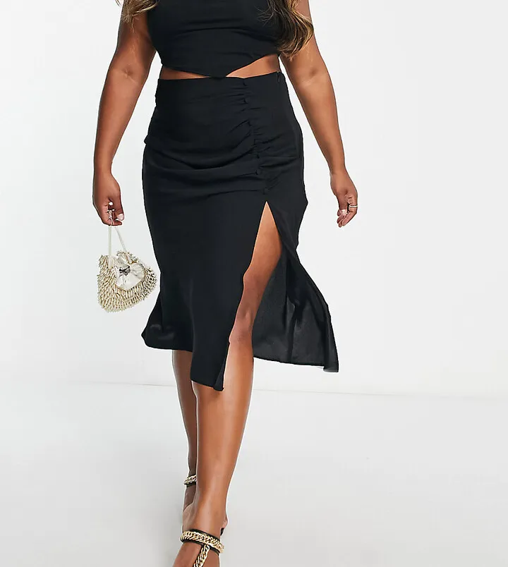 ASOS DESIGN Curve midi skirt with ruched side and button detail in black