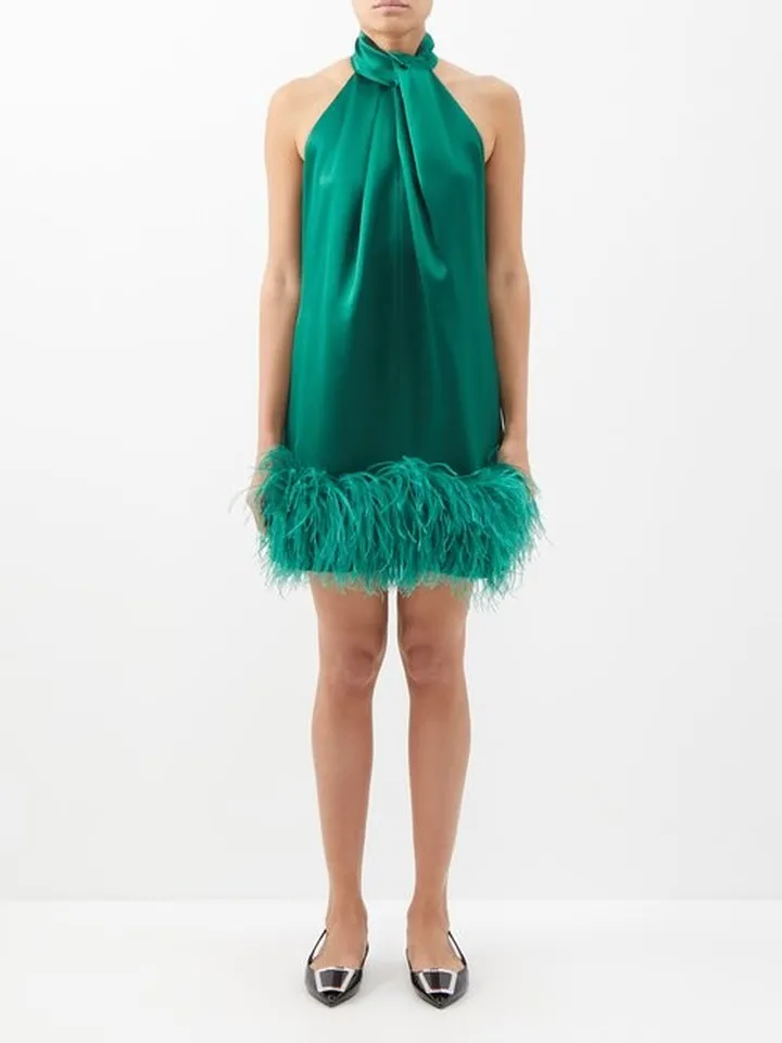 Cynthia Feather-trim Halterneck Satin Mini Dress