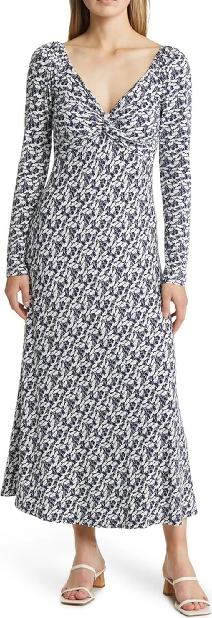 Floral Long Sleeve Sweetheart Neck Midi Dress