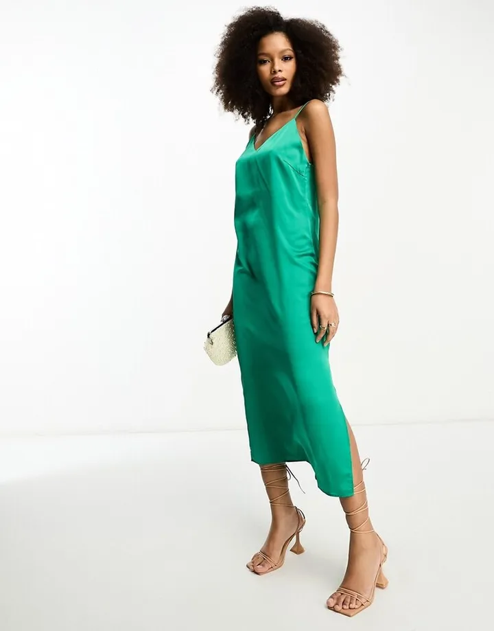 Vila satin cami midi dress in green