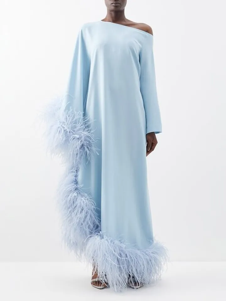 Ubud Asymmetric Feather-trim Crepe Gown