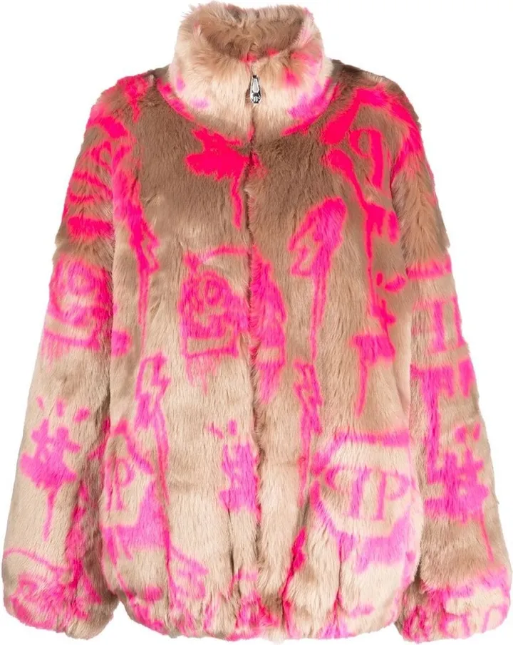 Monogram-Print Faux Fur Coat