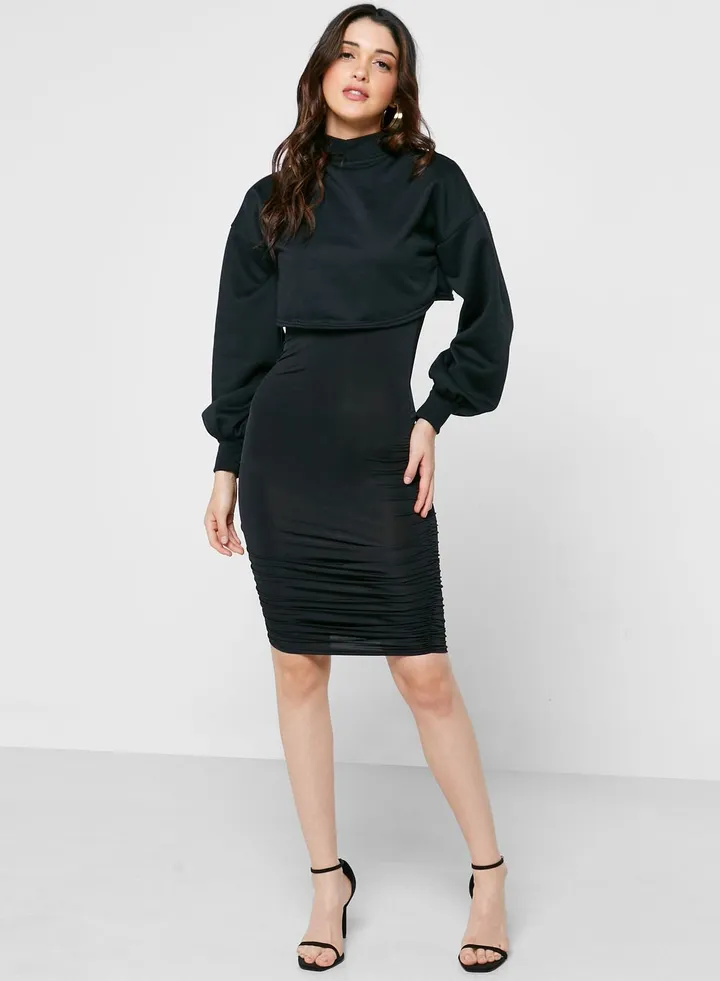 High Neck Ruched Knitted Dress