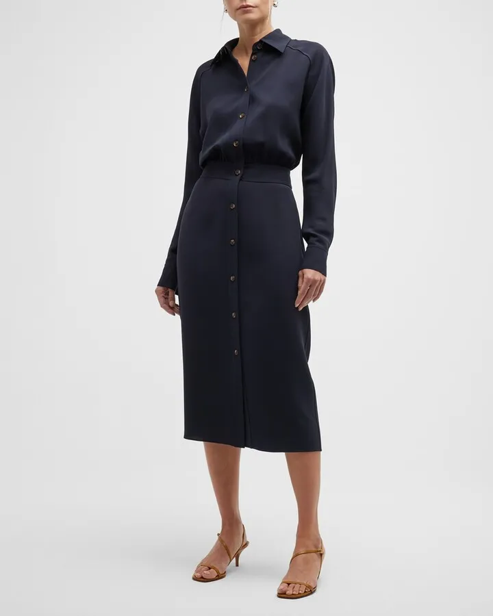 Long-Sleeve Blouson Midi Shirtdress