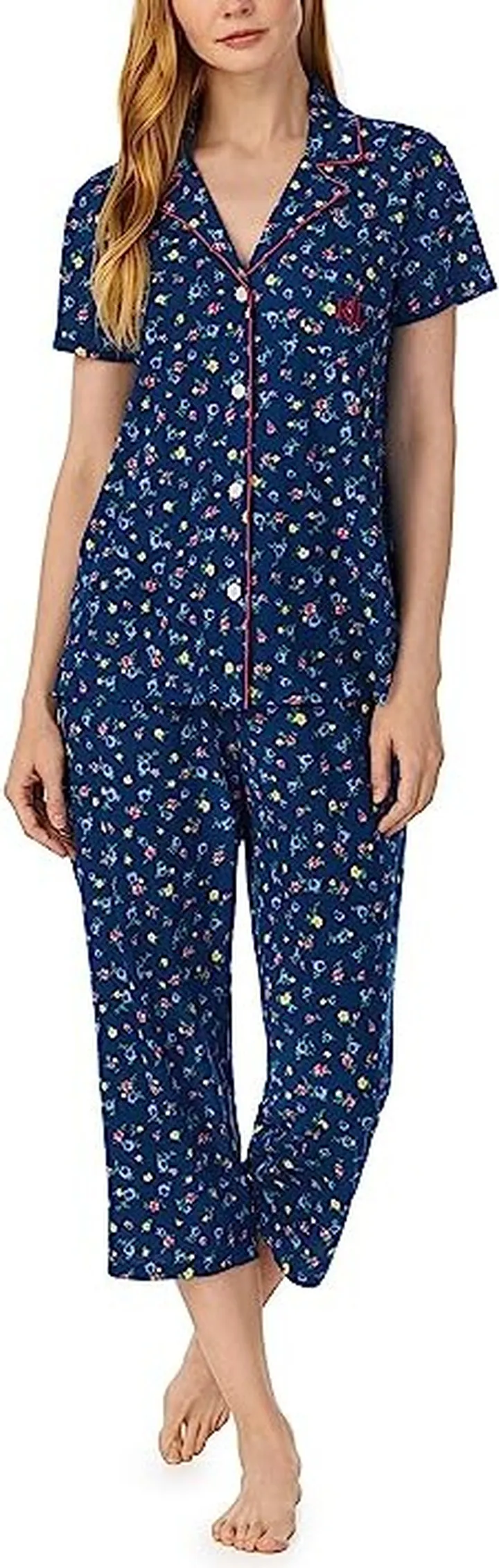 LAUREN Ralph Lauren Knit Short Sleeve Cropped PJ Set (Navy Floral) Women's Pajama Sets