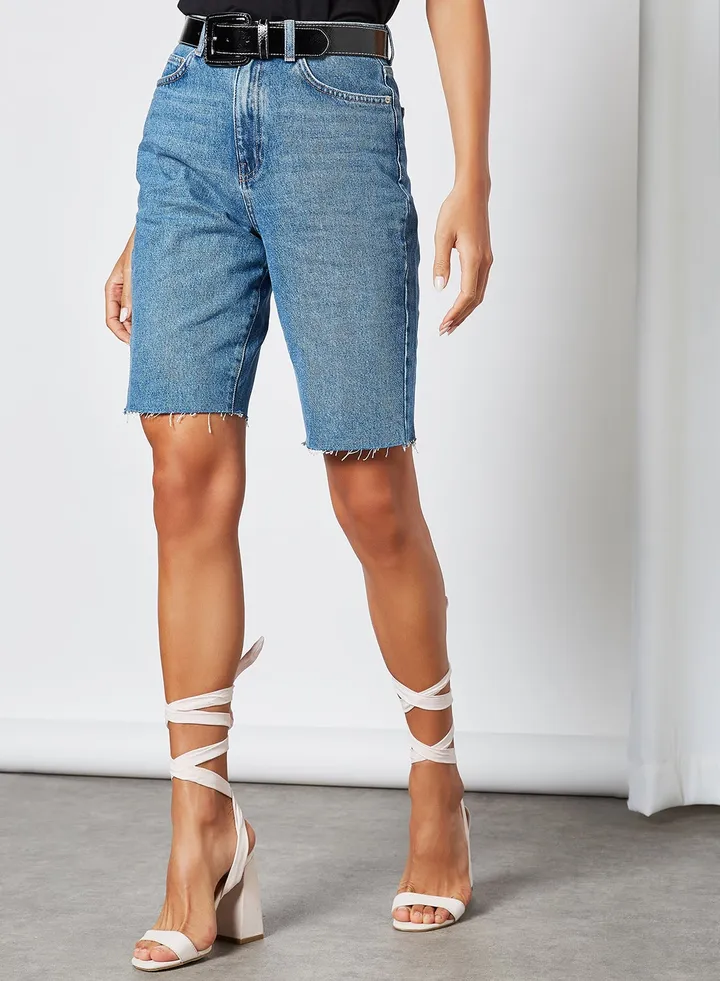 Frayed Hem Denim Shorts Mid Blue