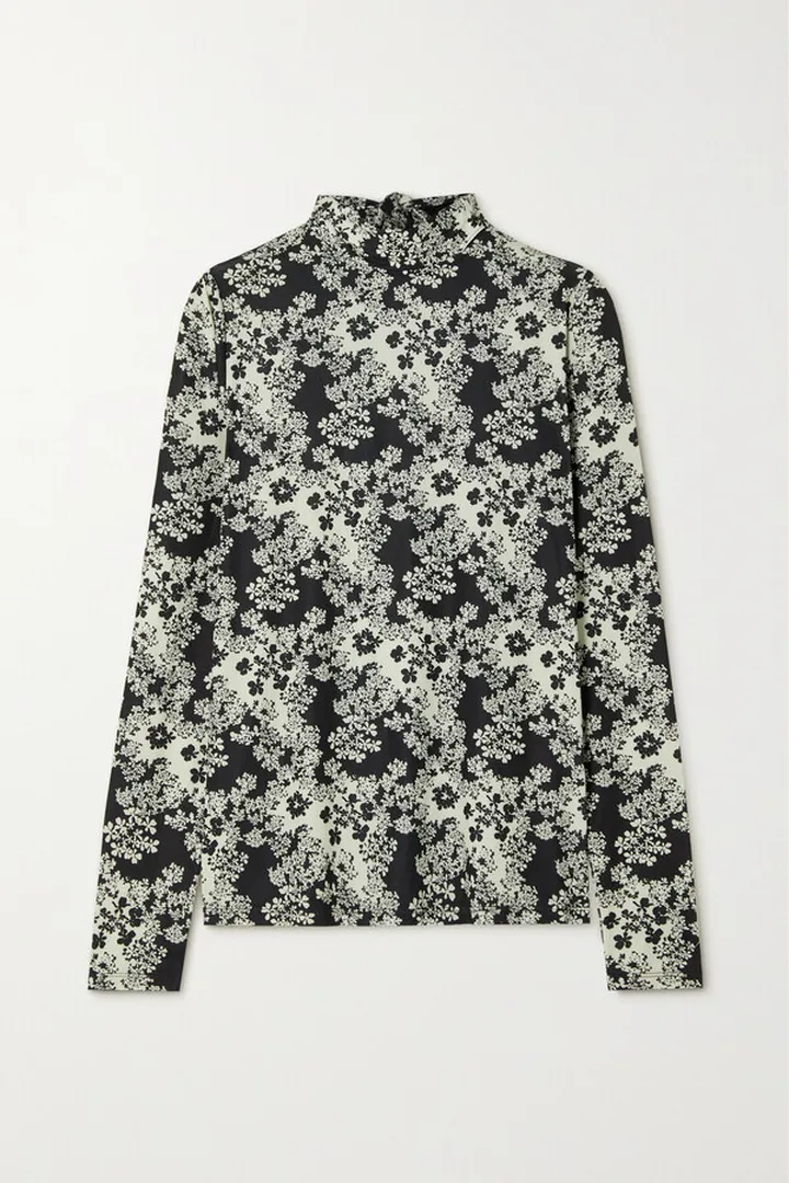 TOTEME - Tie-detailed Printed Jersey Turtleneck Top - Black