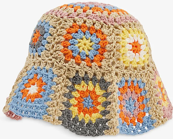 Womens Beige Crochet-pattern Knitted Bucket hat