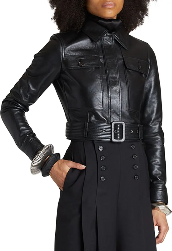Belted Crop Leather Aviator Jacket