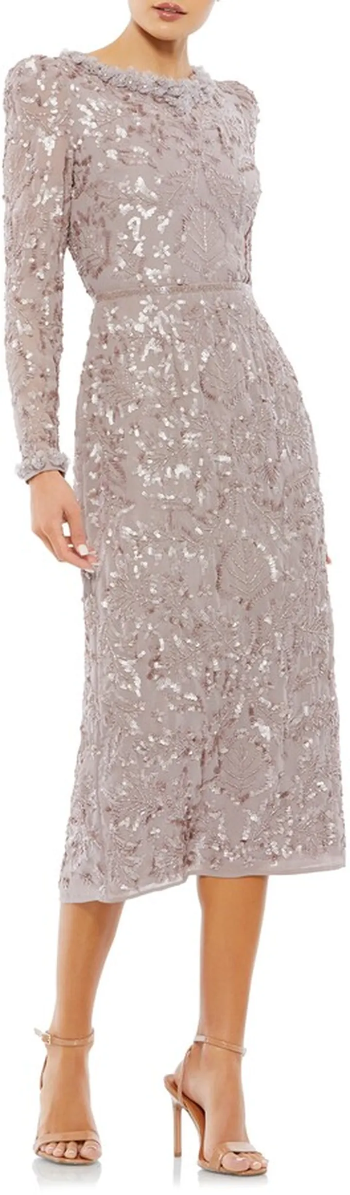Ruffle Neck Long Sleeve Sequin Midi Dress