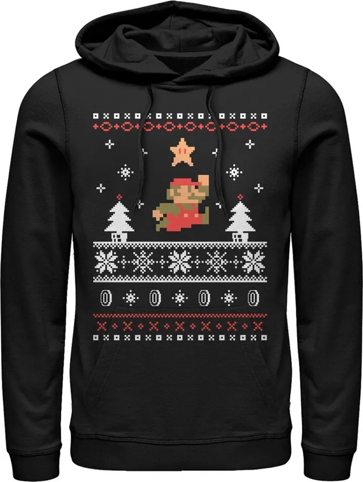 Men's Nintendo Ugly Christmas Mario Jump Star Pull Over Hoodie - Black - Medium