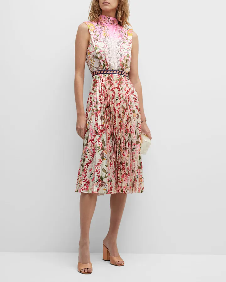 Fleur Pleated Satin Sleeveless Midi Dress