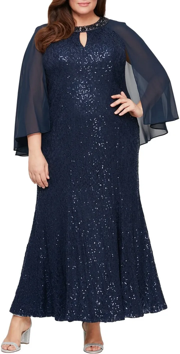 Sequin Cape Long Sleeve Fit & Flare Gown