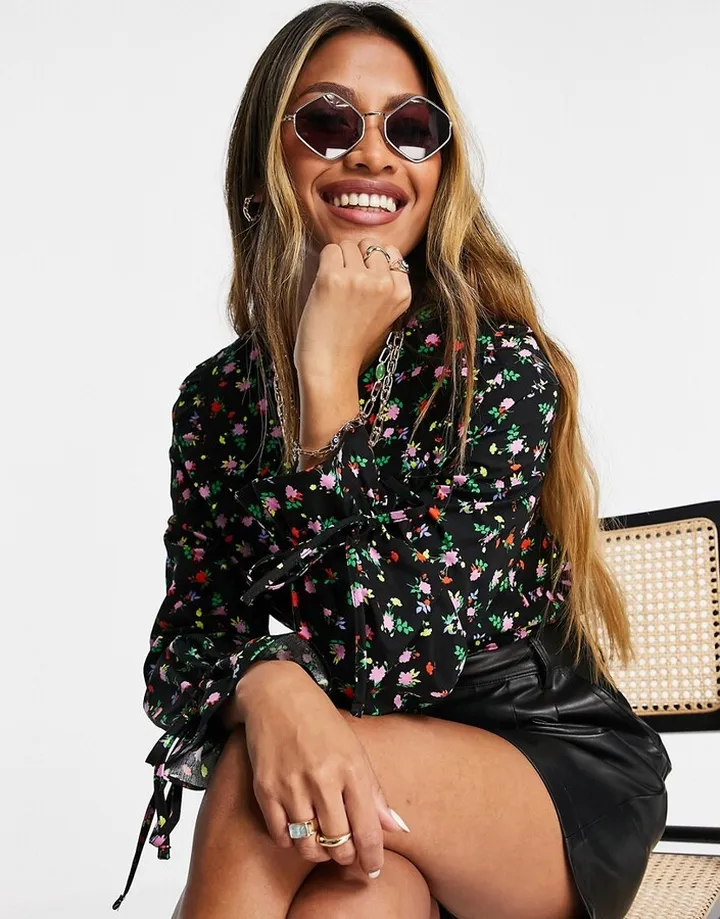Topshop poplin floral frill shirt in multi