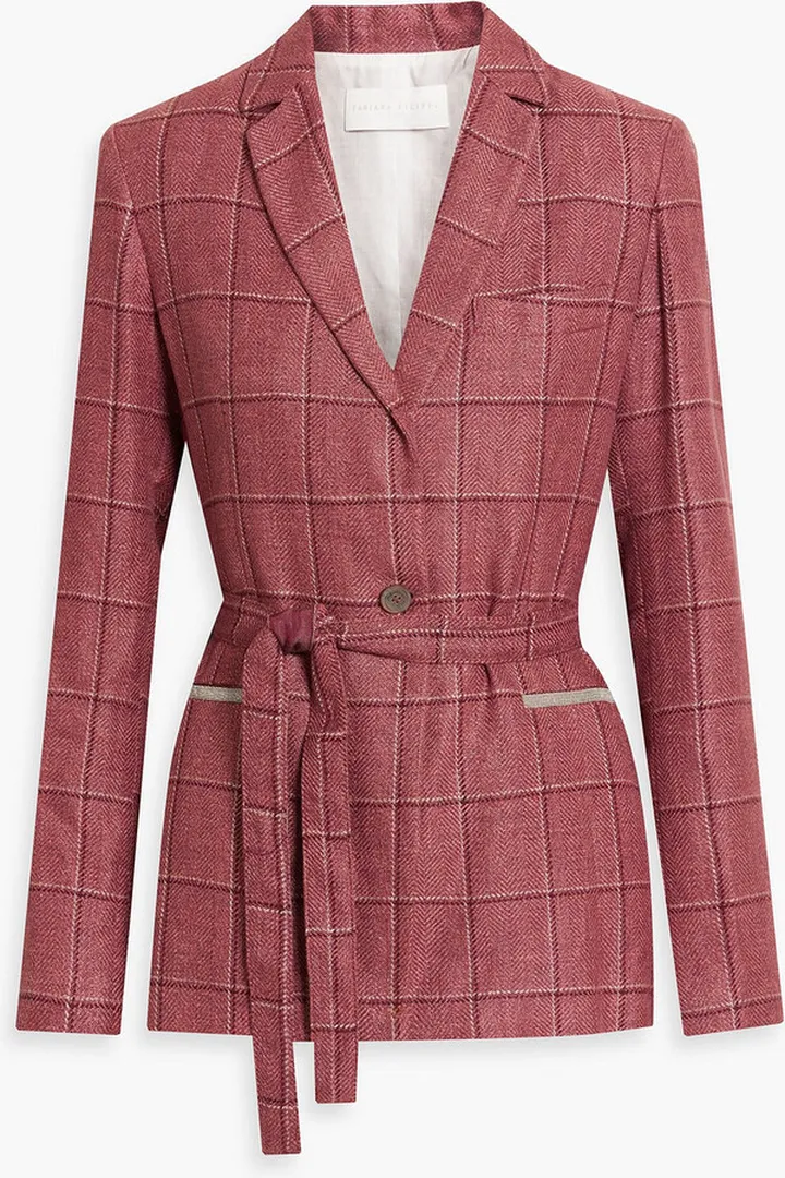 Bead-embellished checked hemp and merino wool-blend blazer