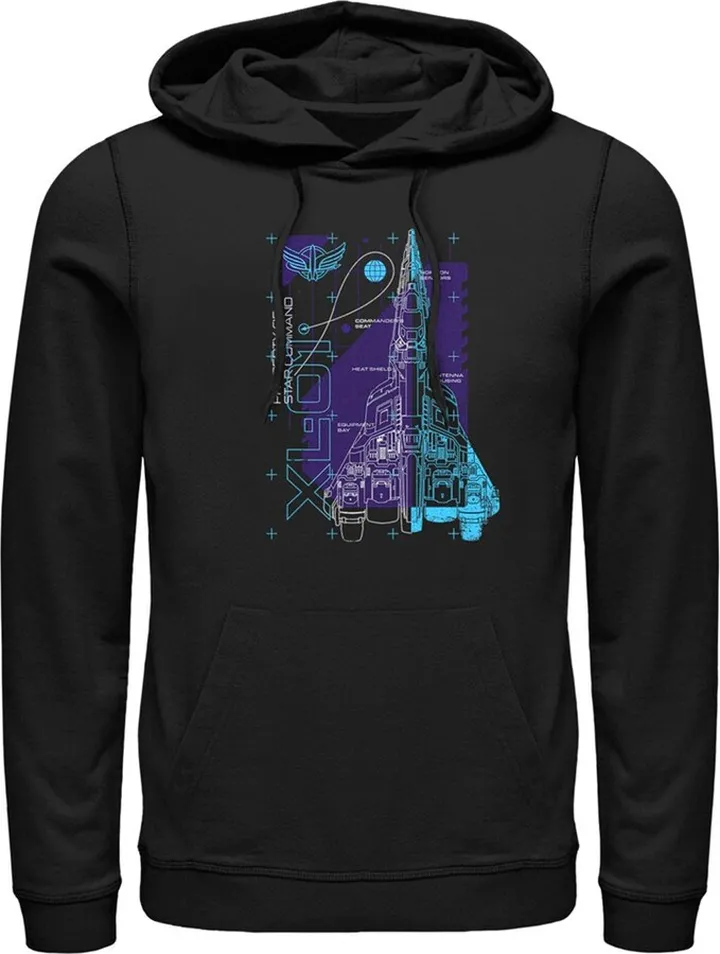 Men's Lightyear XL-01 Spaceship Blueprints Pull Over Hoodie - Black - X Large