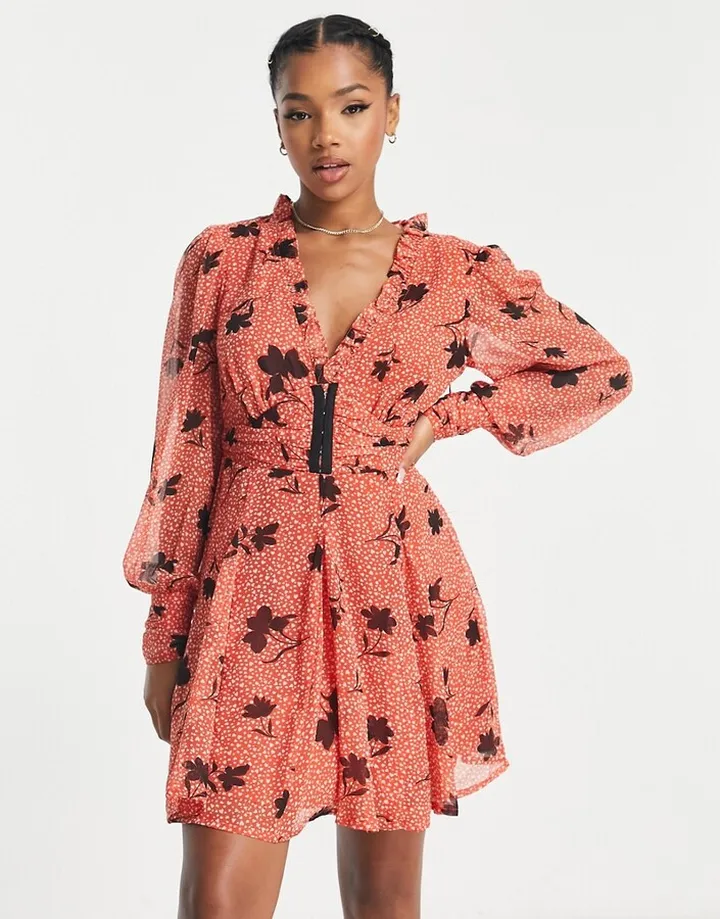 ASOS DESIGN gathered waist long sleeve mini dress with frill neck and flare skirt in floral print