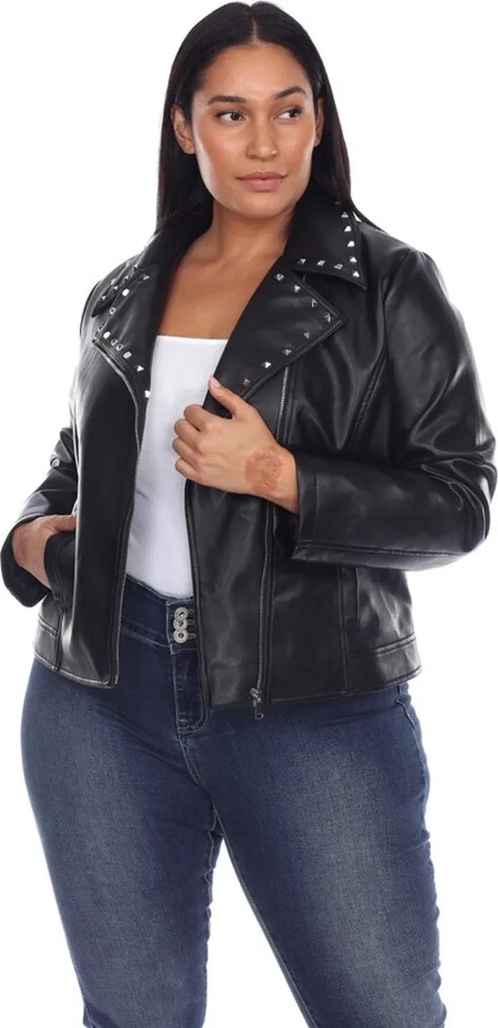 Plus Size PU Faux Leather Jacket Black 3X - White Mark