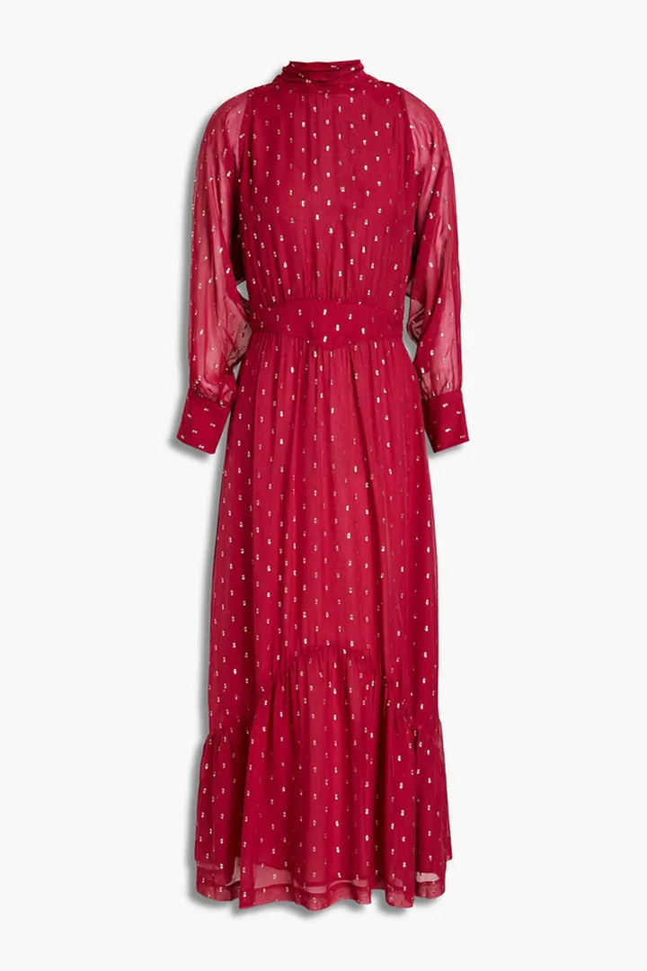 Romy gathered metallic fil coupé georgette midi dress