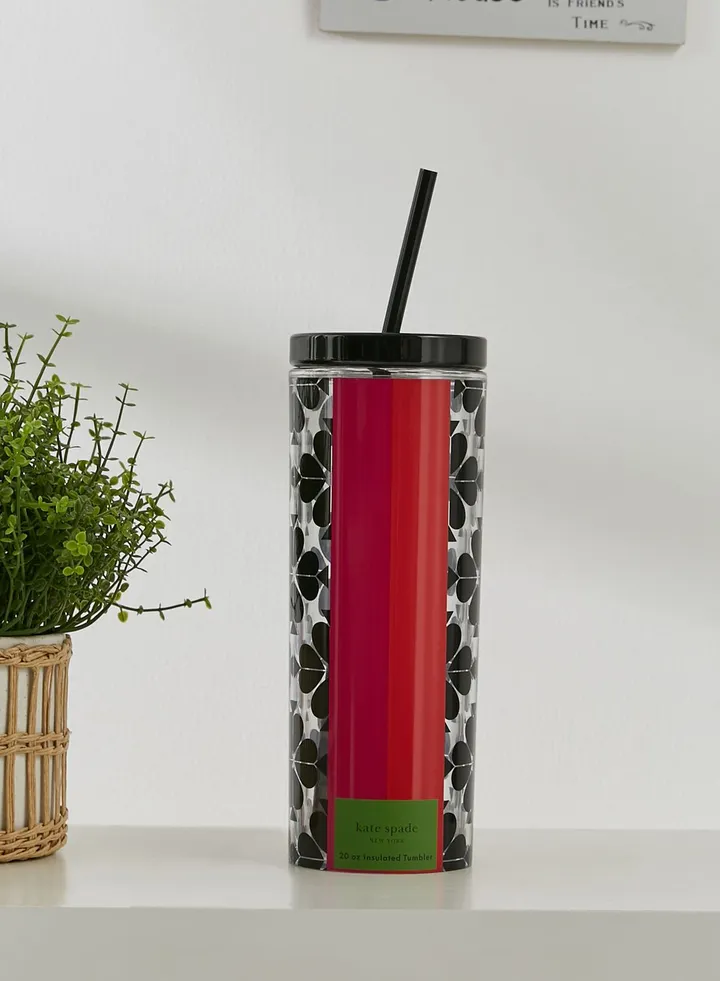 Acrylic Tumbler With Straw, Black Spade Flower