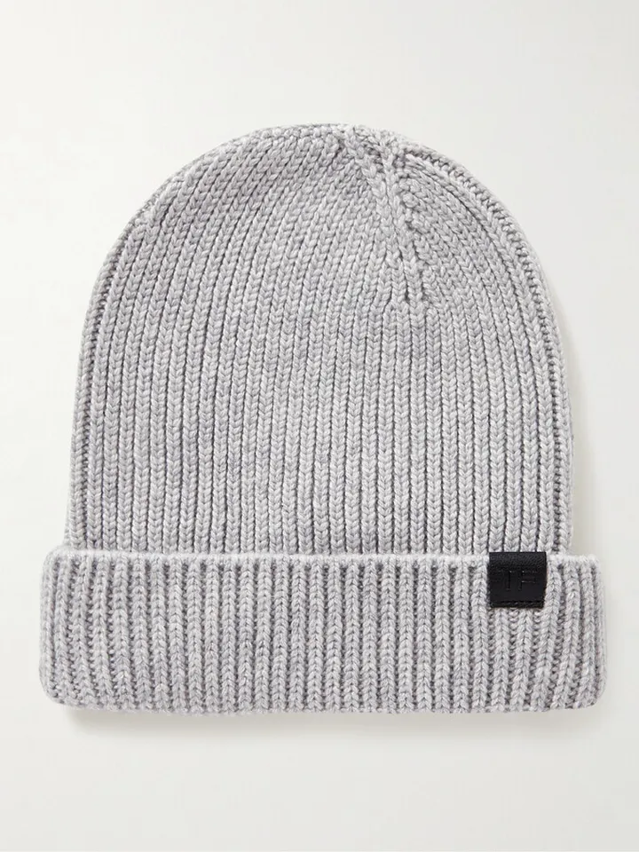 Leather-Trimmed Ribbed Cashmere Beanie
