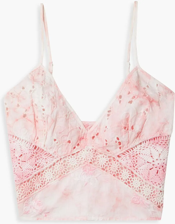 Mizu cropped tie-dyed crochet and broderie anglaise cotton top